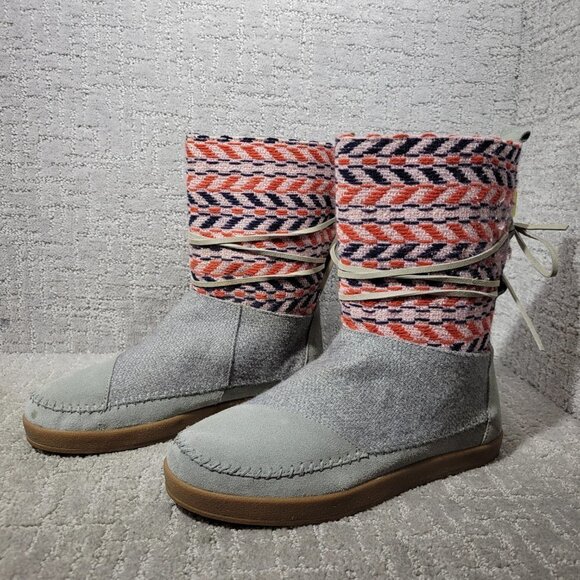 TOMS Nepal Women's Size 9.5 US Gray Cow Leather Aztec Knit Ankle Boots - Picture 7 of 10